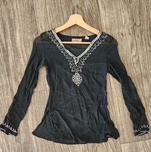 Vintage Y2K I.E. Black Silk Sheer Long Sleeve Embellished Beaded Top Size PM